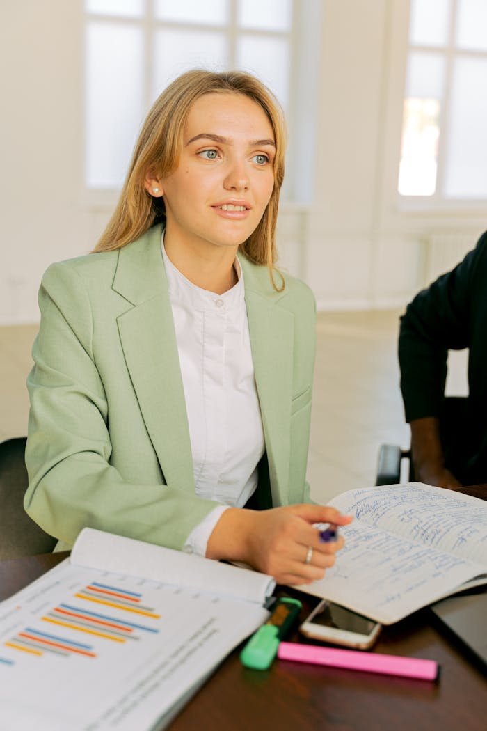 Professional woman analyzing business reports during a meeting in a bright office setting.